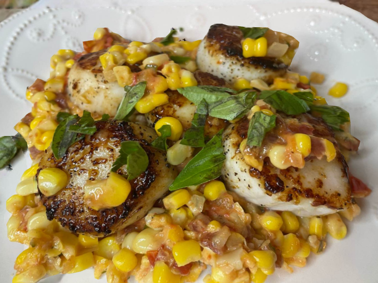 Sea Scallops with Summer Corn, Roasted Tomato and Pancetta Recipe